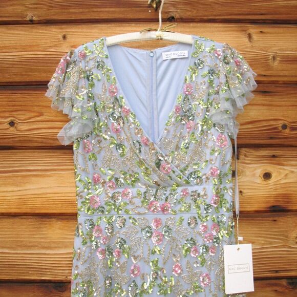 Mac Duggal 5722 Womens Blue FLORAL EMBELLISHED FLUTTER CAP SLEEVE DRESS - Picture 10 of 16